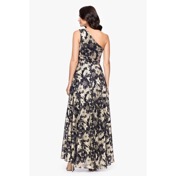 Betsy & Adam Metallic Floral One Shoulder Gown Size 14 Navy Gold A-Line Formal - Picture 2 of 16